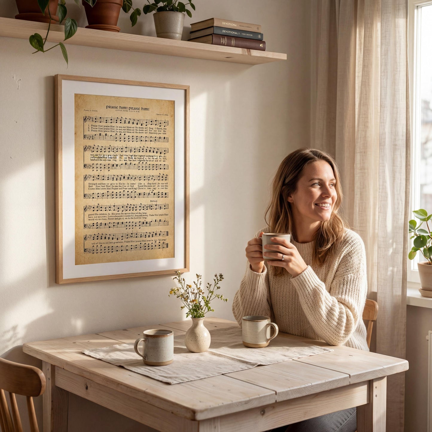 A woman sits at a wooden table, holding a cup and smiling, with a framed sheet music poster on the wall behind her.