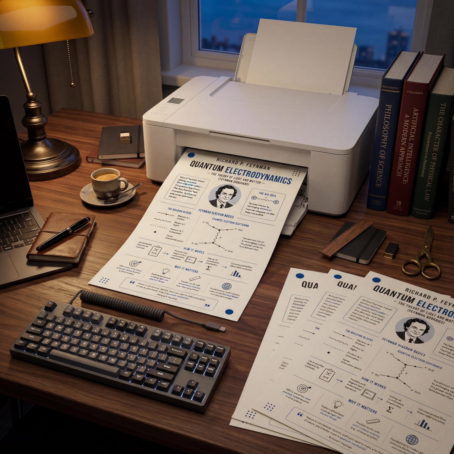 a desk with various office supplies and equipment, including a printer, a laptop, a keyboard, and several books.