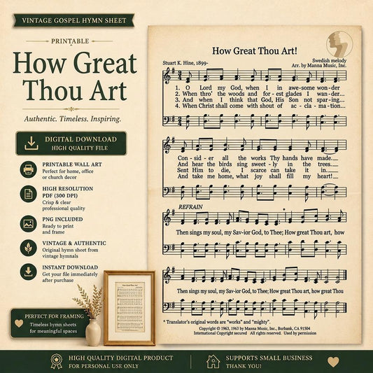 How Great Thou Art Vintage Hymn Sheet Music Printable | Antique Gospel Wall Art PDF PNG | Christian Music Decor Download