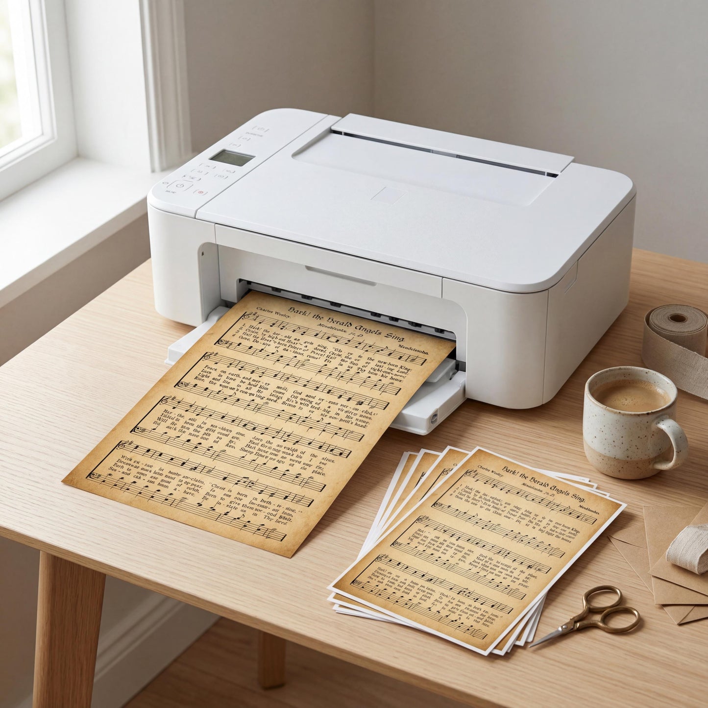 A white printer is sitting on a wooden desk, with several sheet music pieces printed on paper and a cup of coffee nearby.