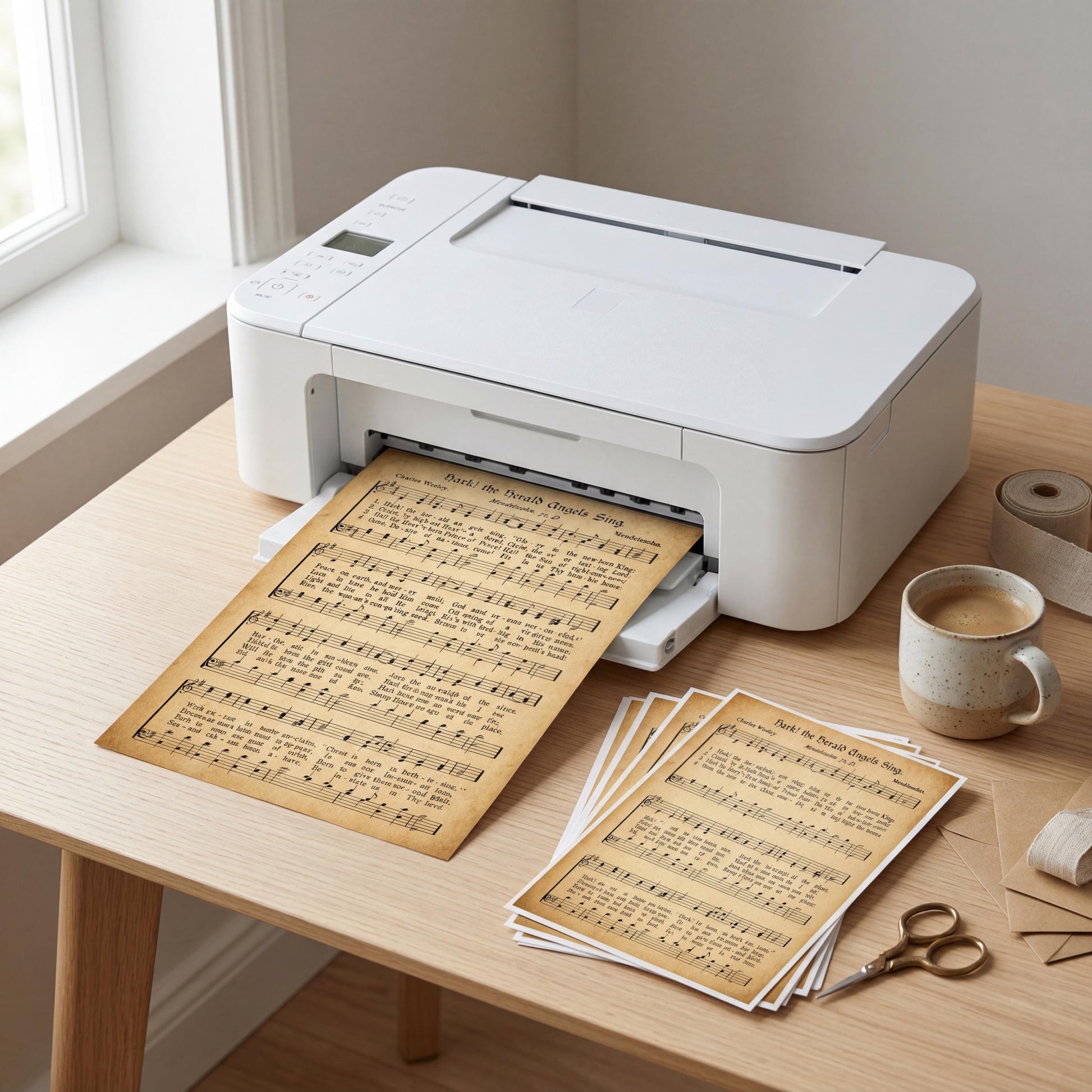 A white printer is sitting on a wooden desk, with several sheet music pieces printed on paper and a cup of coffee nearby.
