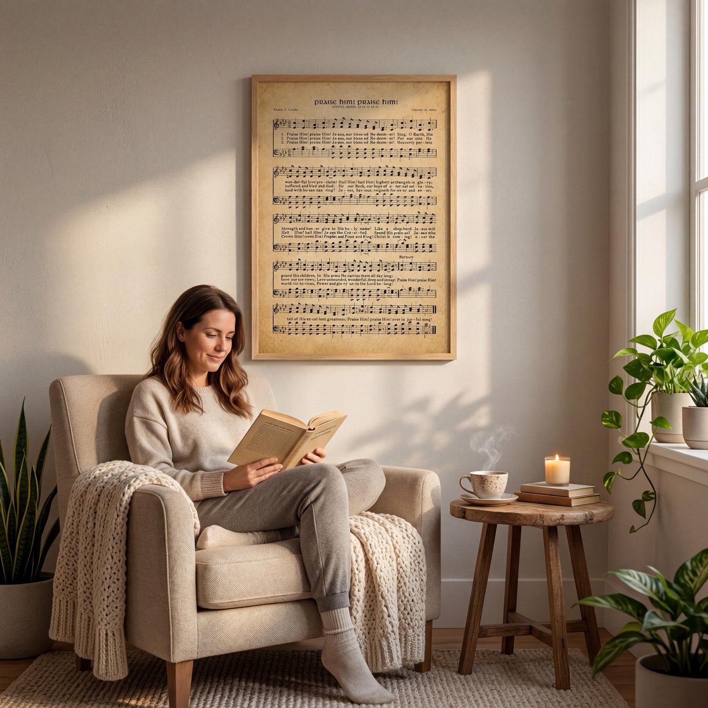 A woman is sitting in a chair, reading a book, with a framed sheet music poster on the wall behind her.