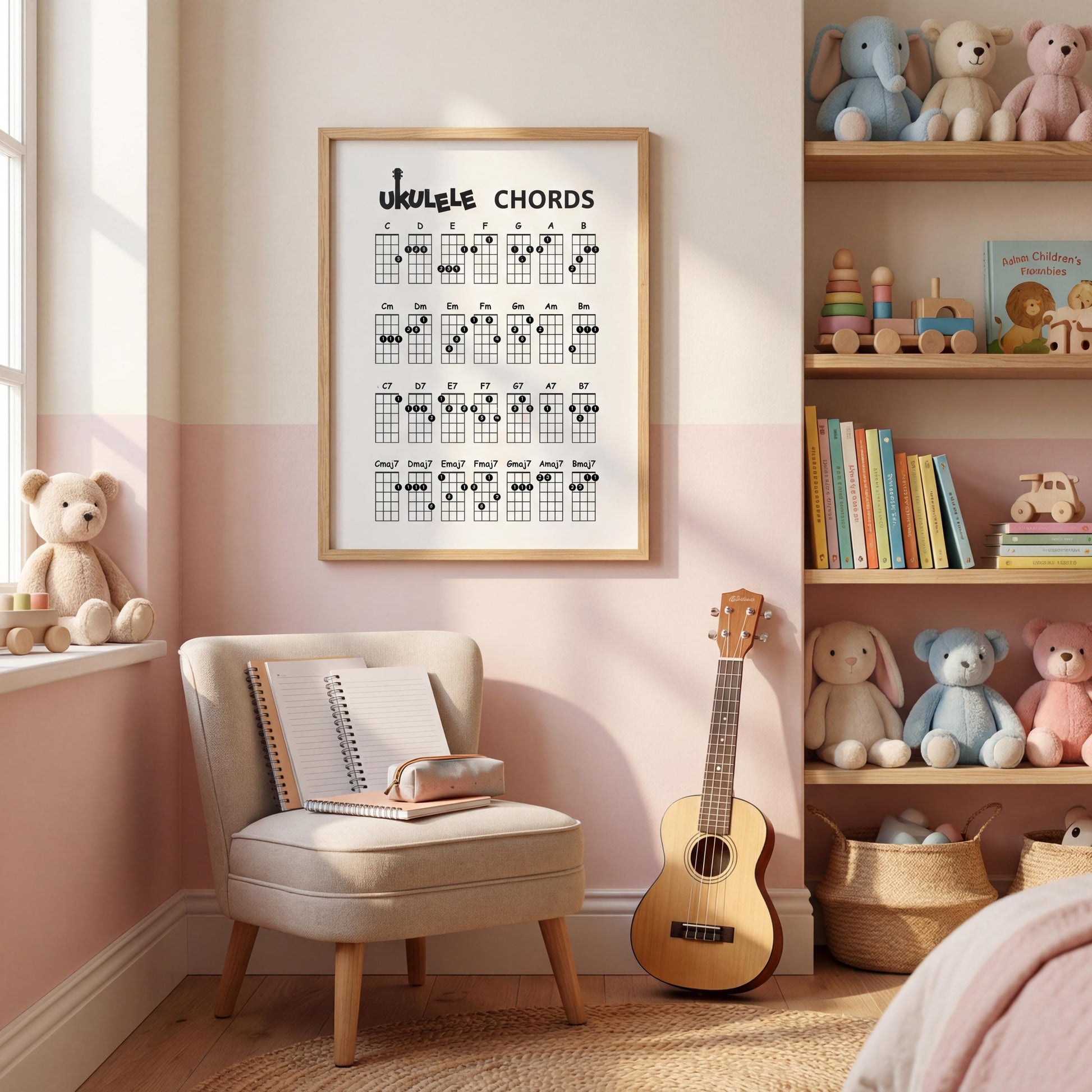 Ukulele beginner chord chart printable displaying essential chord families with simple diagrams and finger guidance, suitable for group instruction and individual study.
