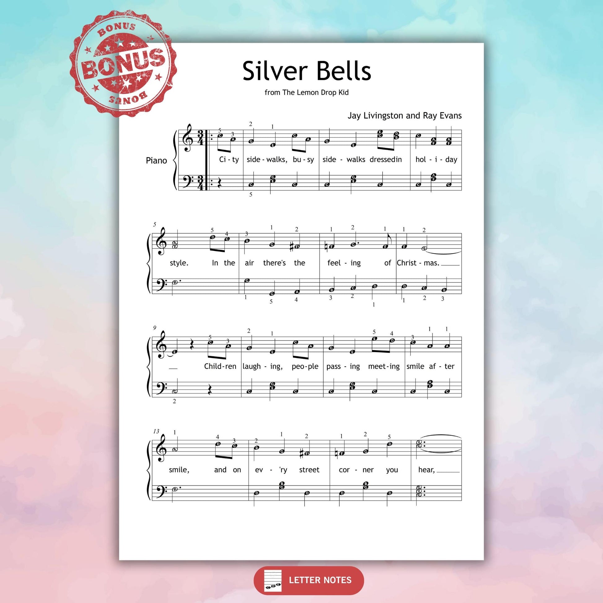 Christmas classic Silver Bells arranged for piano (Grade 3) with lyrics. Downloadable PDF is ideal for intermediate players looking for festive music with easy readability and sing-along potential.