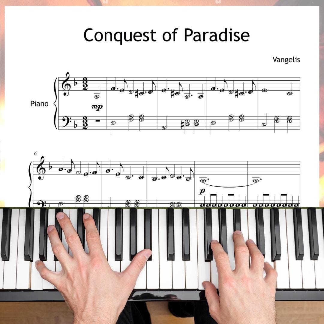 Conquest of Paradise by Vangelis downloadable and simplified piano sheet music PDF presented as a Grade 3 educational score featuring finger-number guidance, color-coded notation, and note names, all prepared from manuscript references for clear early-intermediate learning.