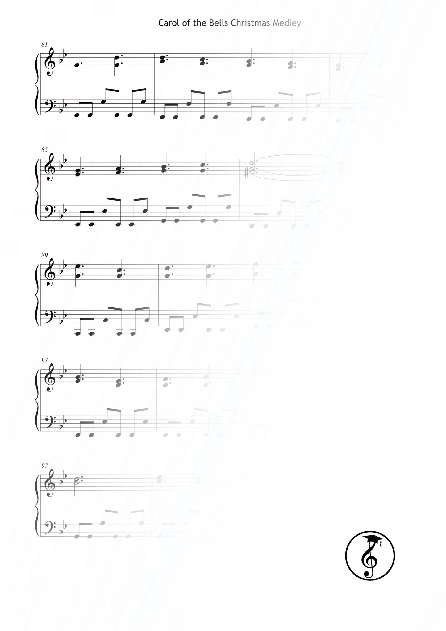 Carol of the Bells piano sheet PDF for intermediate pianists (Grade 4). Traditional Christmas song arranged with rich harmony and expressive touch. Printable PDF for recitals or home performances. Classic holiday favorite, perfect piano Christmas gift and instant digital download.