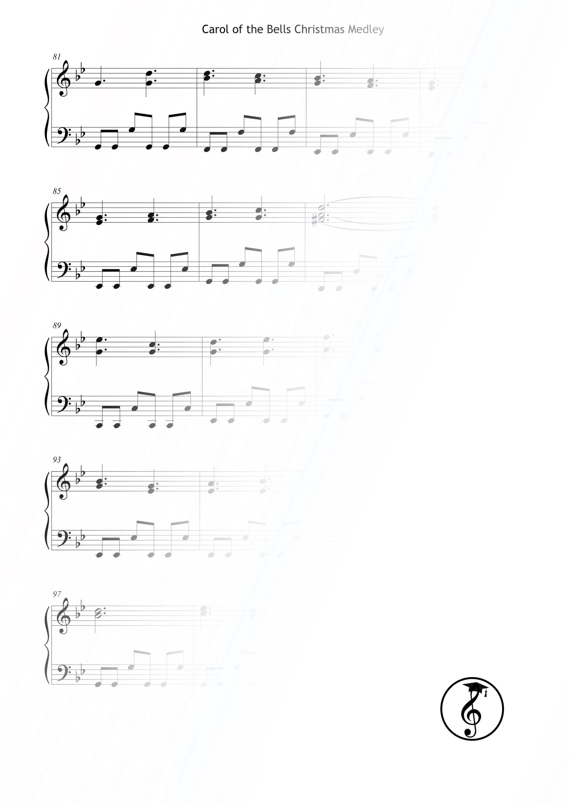 Carol of the Bells piano sheet PDF for intermediate pianists (Grade 4). Traditional Christmas song arranged with rich harmony and expressive touch. Printable PDF for recitals or home performances. Classic holiday favorite, perfect piano Christmas gift and instant digital download.