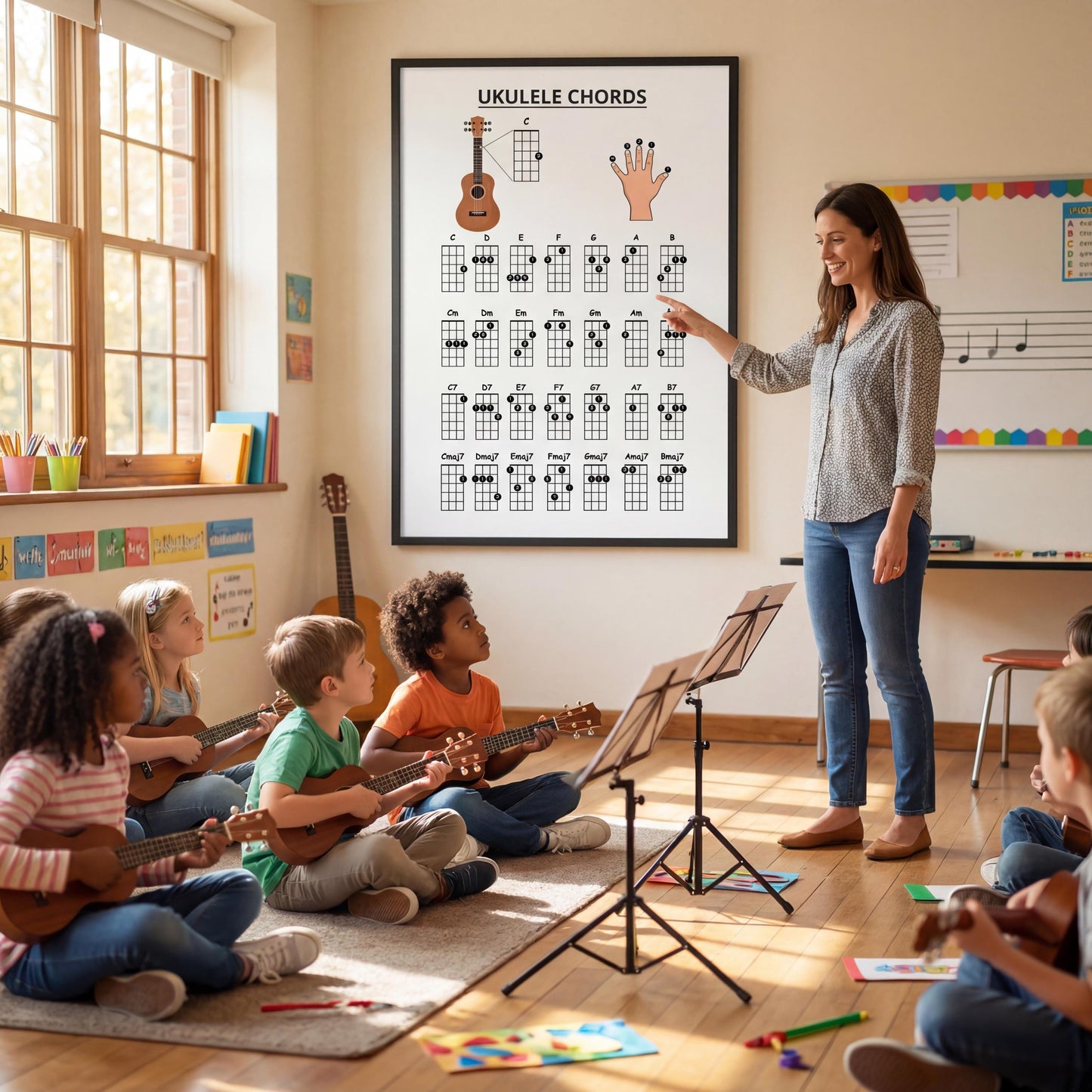 Beginner ukulele chords chart printable with easy-to-read fingering diagrams, covering essential major, minor, 7th, and maj7 chords for fast recognition and confident practice.
