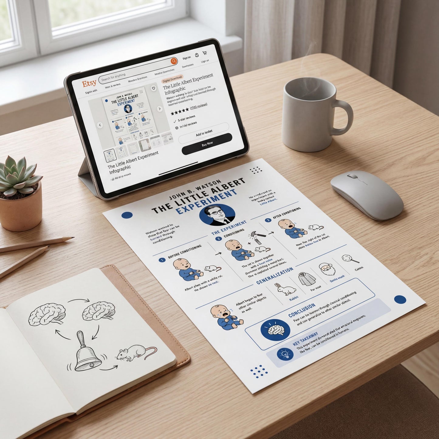 a desk with a tablet, a mouse, a coffee cup, and a notebook. The tablet displays a website, and there is a printed paper with illustrations and text.