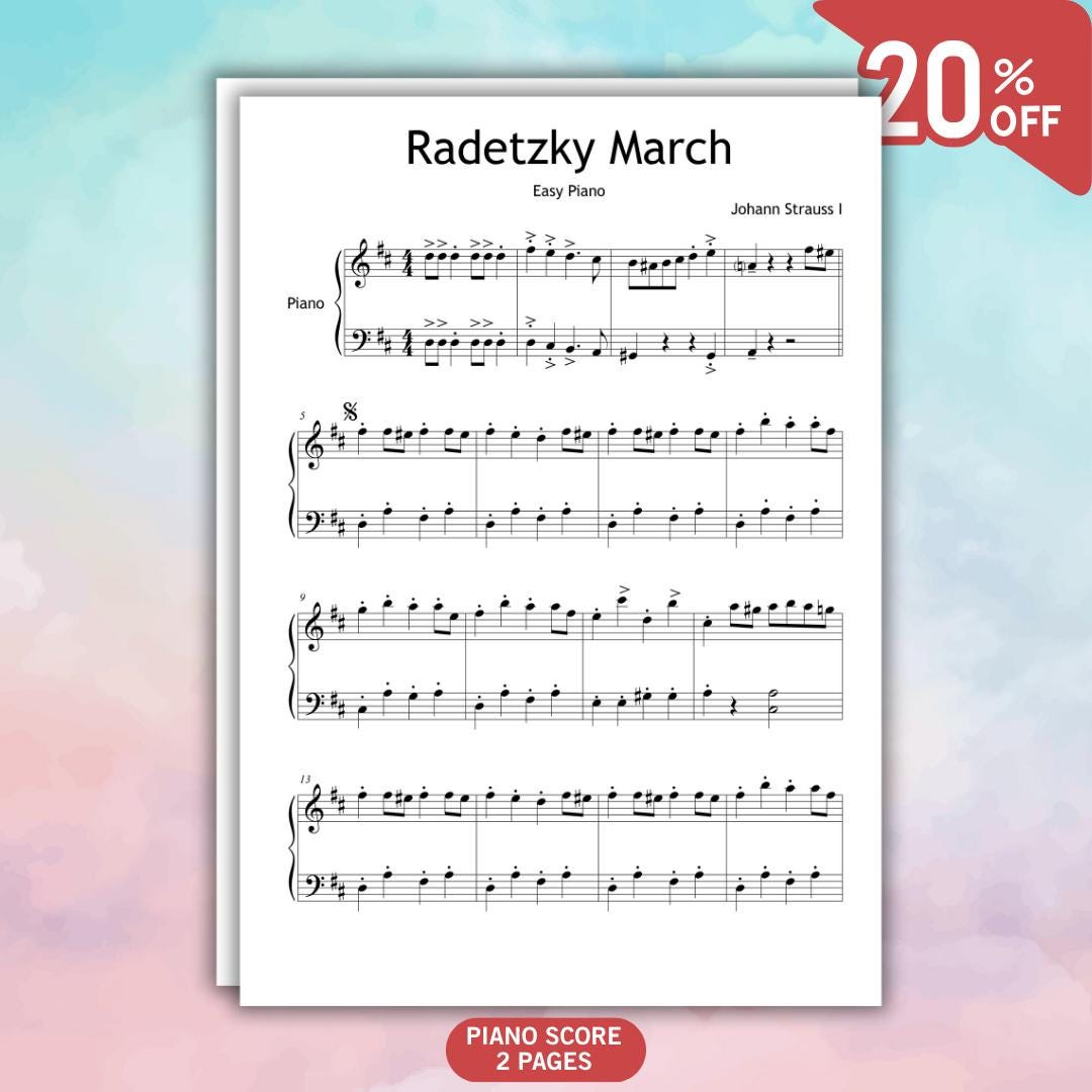 Radetzky March - Johann Strauss I | Easy Piano Sheet Grade 2 PDF Printable with Color Coded Notes