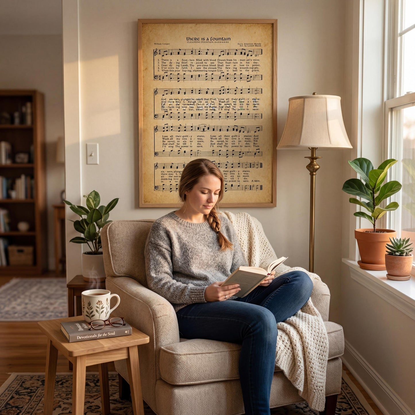 A woman is sitting in a chair, reading a book in a cozy living room with a framed sheet music poster on the wall behind her.