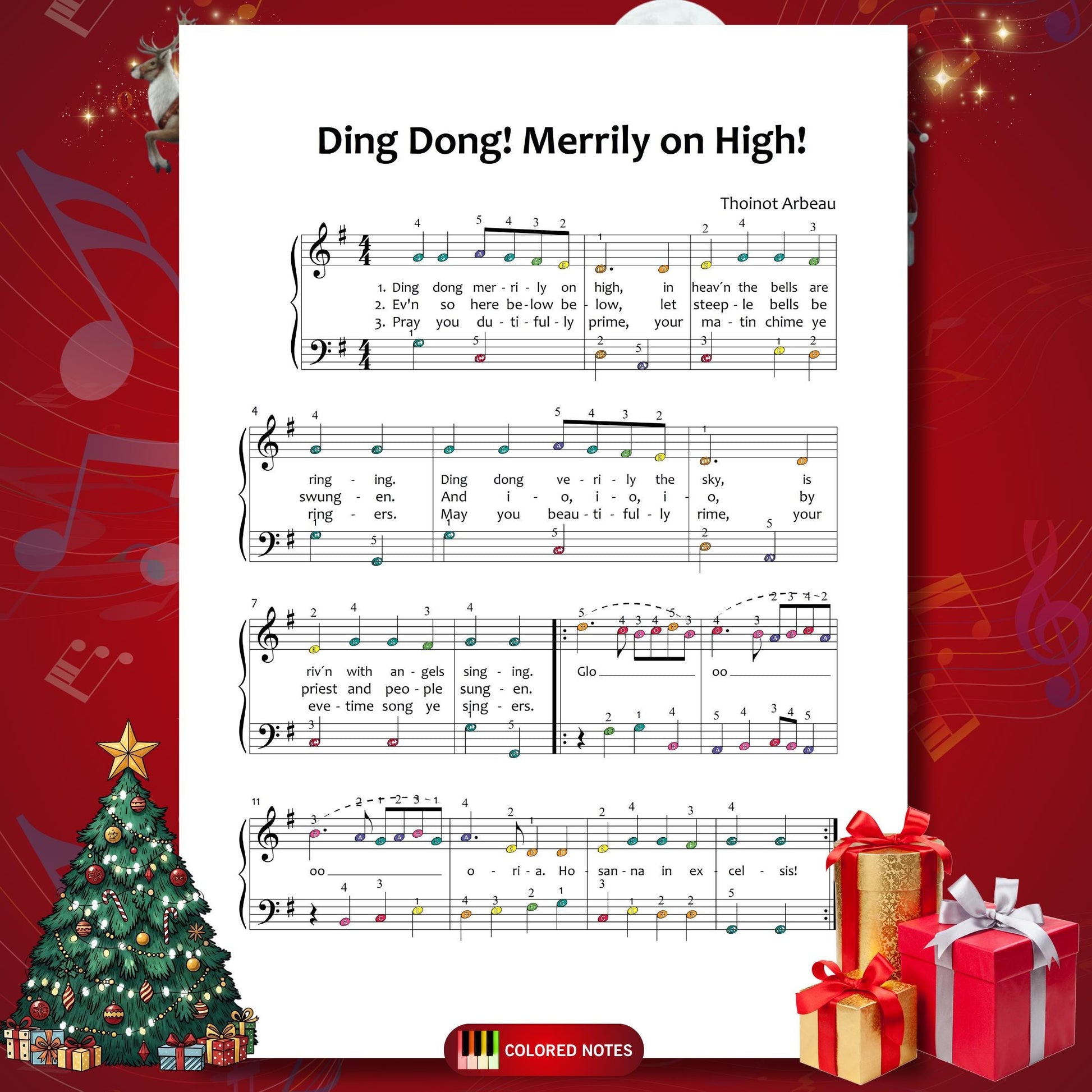 Ding Dong Merrily on High by Traditional downloadable and simplified piano sheet music PDF tailored for Christmas gifts 2025 seekers looking for the best Christmas gifts under $5, combining lyrics, finger numbers, color-coded notes and note names in a clean, beginner-friendly layout perfect for seasonal concerts.