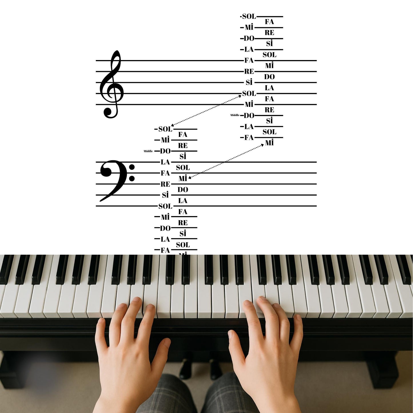 Music Staff Notes Poster - Printable Music Theory Guide with Treble & Bass Clef Charts