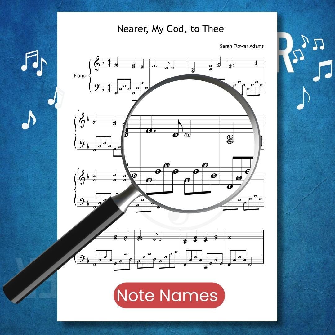 Nearer, My God, to Thee by Lowell Mason downloadable and simplified piano sheet music PDF displayed with note-name annotations, finger numbers, and color-coded notes in a clear Grade 3–4 engraving derived from handwritten manuscript sources, ideal for church and home practice.