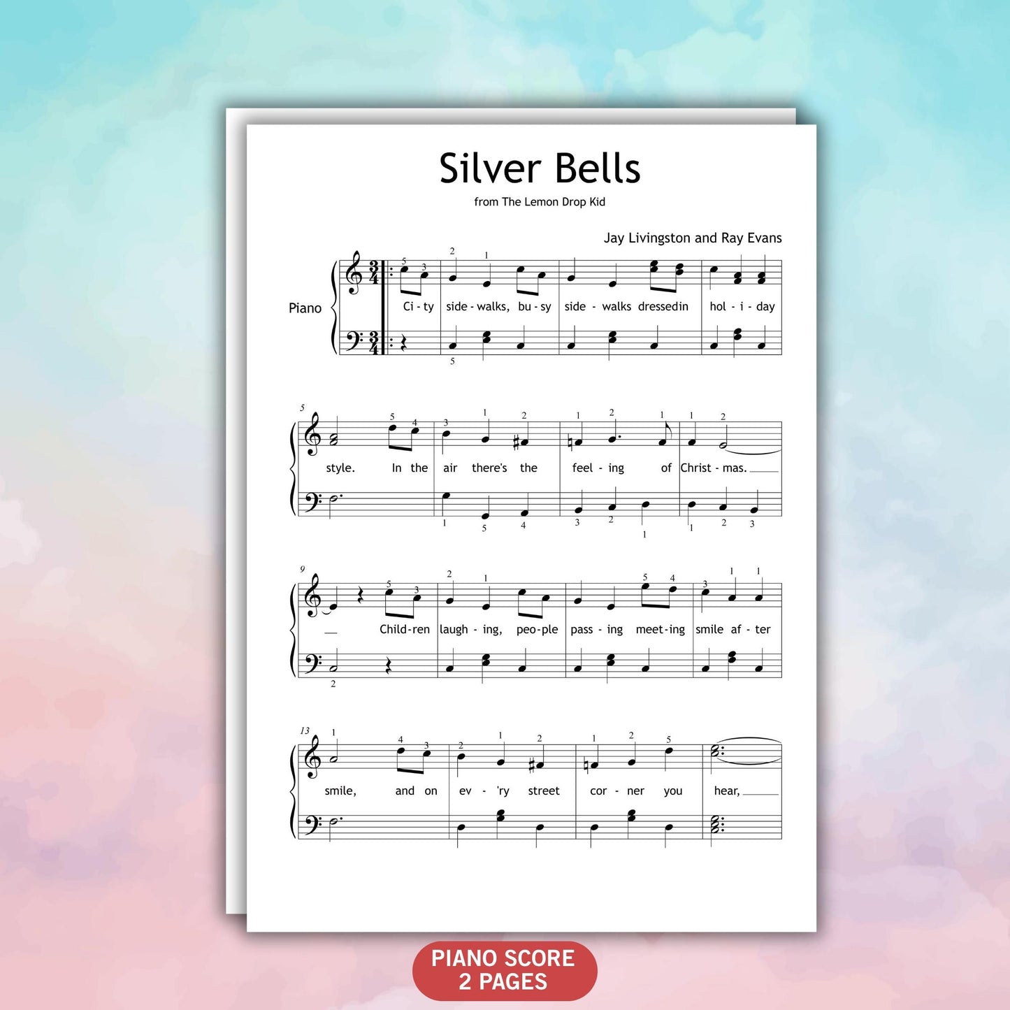 Silver Bells piano sheet music with lyrics – Grade 3 level. This digital download includes a clear, easy-to-read PDF ideal for seasonal concerts, lessons, or home celebrations. A must-have for any Christmas repertoire.
