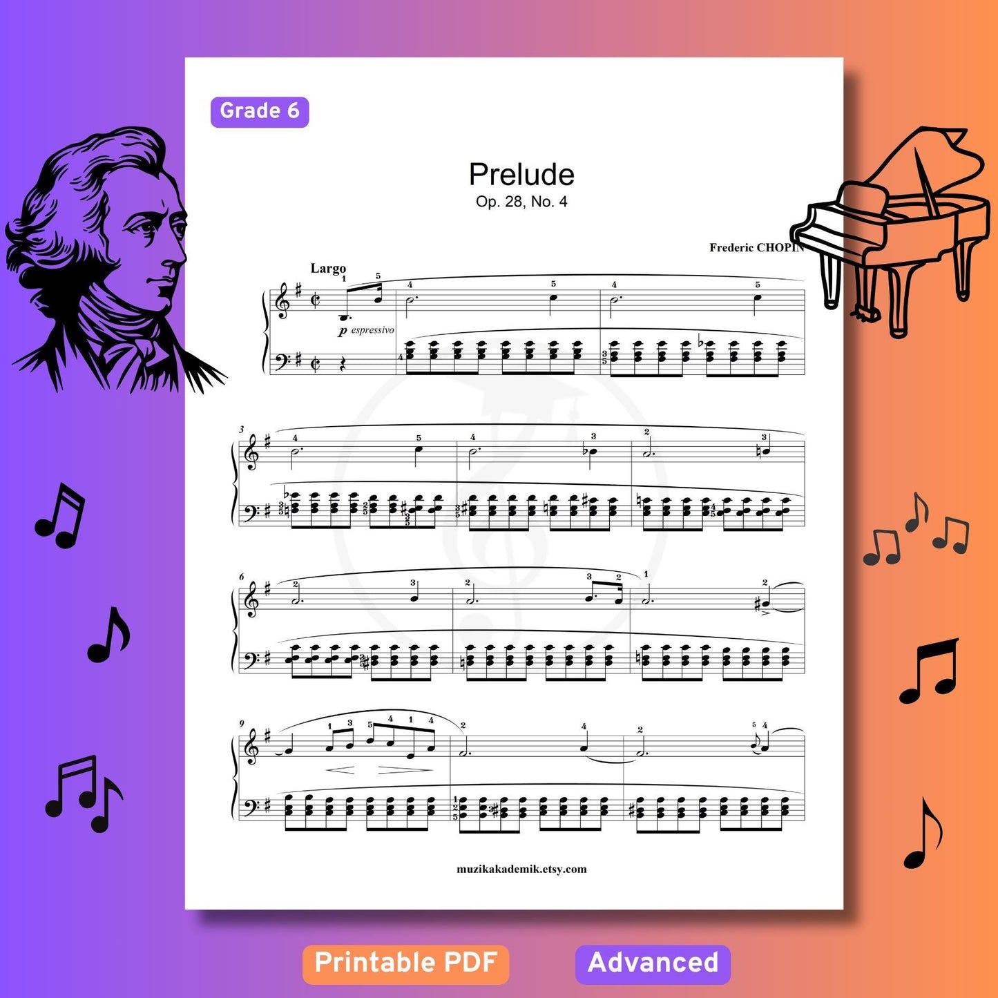 Chopin - Prelude Op. 28 No. 4 - Grade 6 - Advanced Piano Sheet Music with Fingerings - Romantic Classical