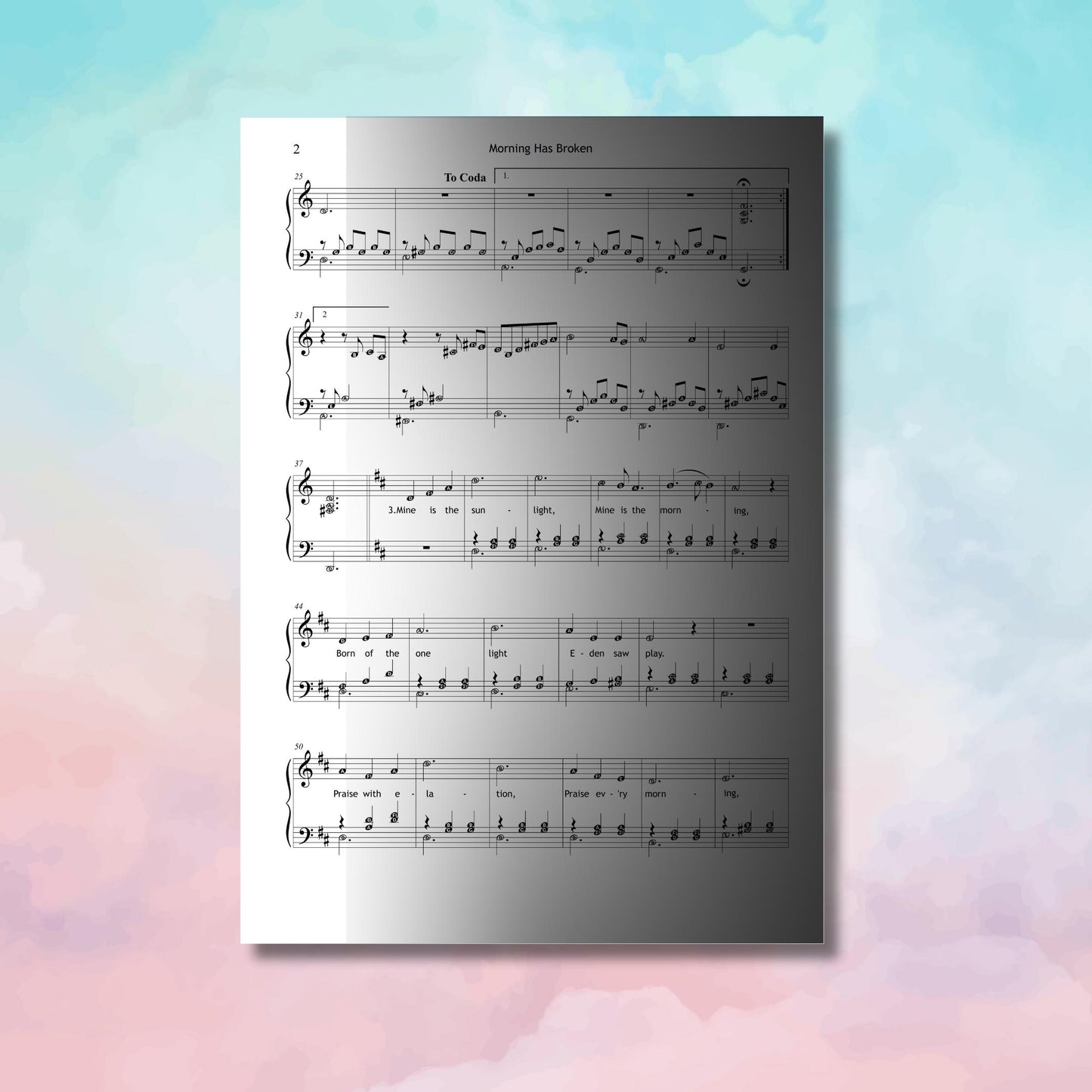 Morning Has Broken Grade 2 easy piano sheet printed with lyrical text, color-coded version for expressive sacred performance and visual learning.