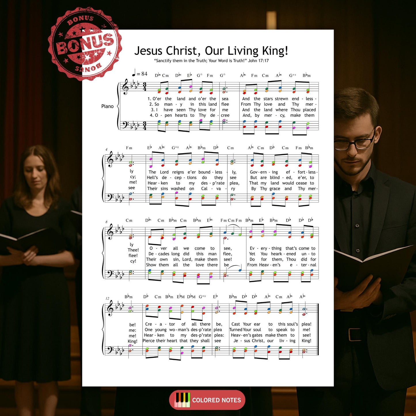 Jesus Christ, Our Living King SATB choral score with piano accompaniment and full lyrics. A triumphant hymn for resurrection services and sacred celebrations. Clean, professional engraving. Ready to print or use on tablet.