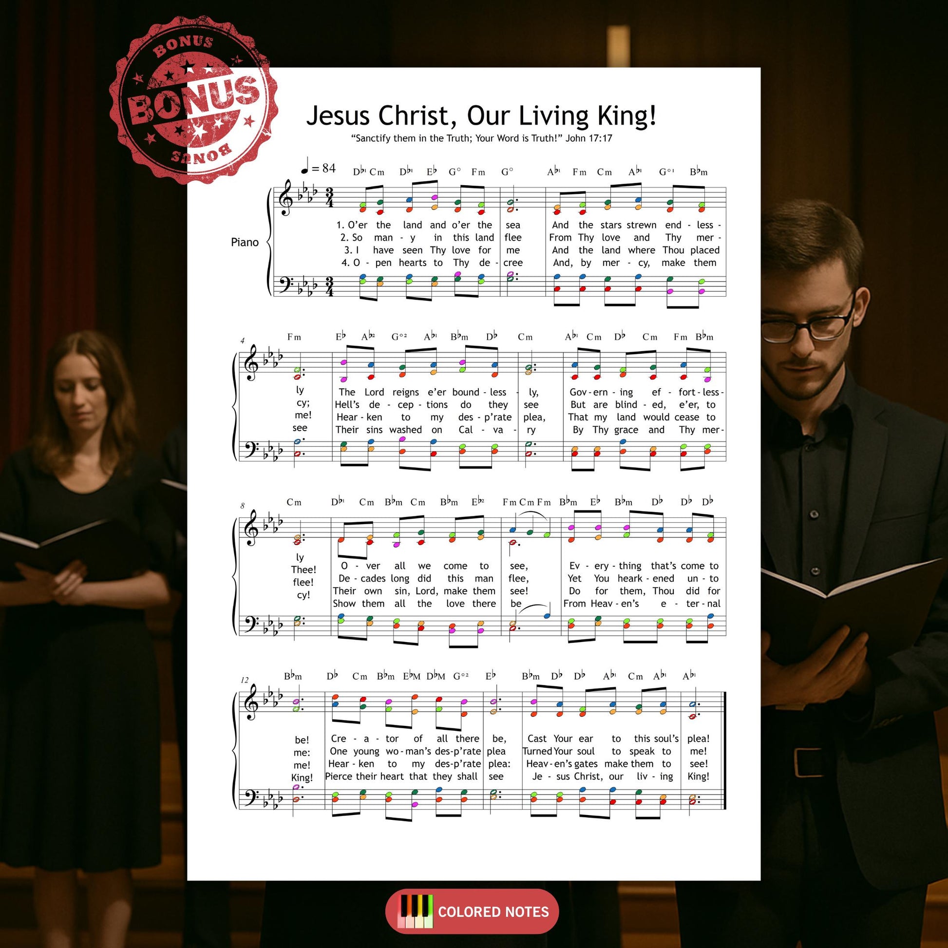 Jesus Christ, Our Living King SATB choral score with piano accompaniment and full lyrics. A triumphant hymn for resurrection services and sacred celebrations. Clean, professional engraving. Ready to print or use on tablet.