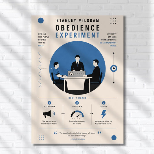 The image is a poster with a blue and white color scheme, featuring a group of people sitting around a table with a laptop on it. The poster includes text and illustrations to explain the concept of obedience experiment.