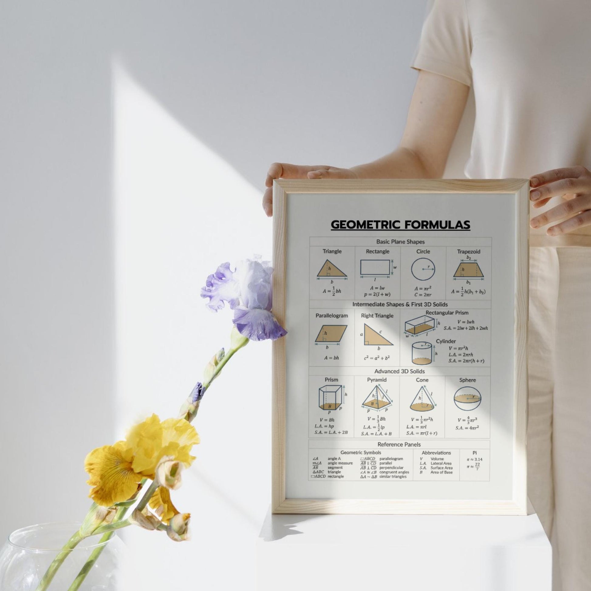 Geometry Formula Reference Chart – 2D and 3D Shapes with Area and Volume | Printable Math Poster PDF