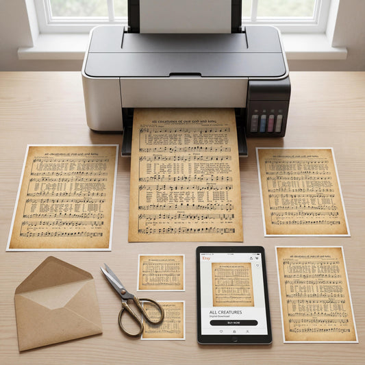 a printer, a tablet, and various sheet music or documents, all arranged on a wooden surface.