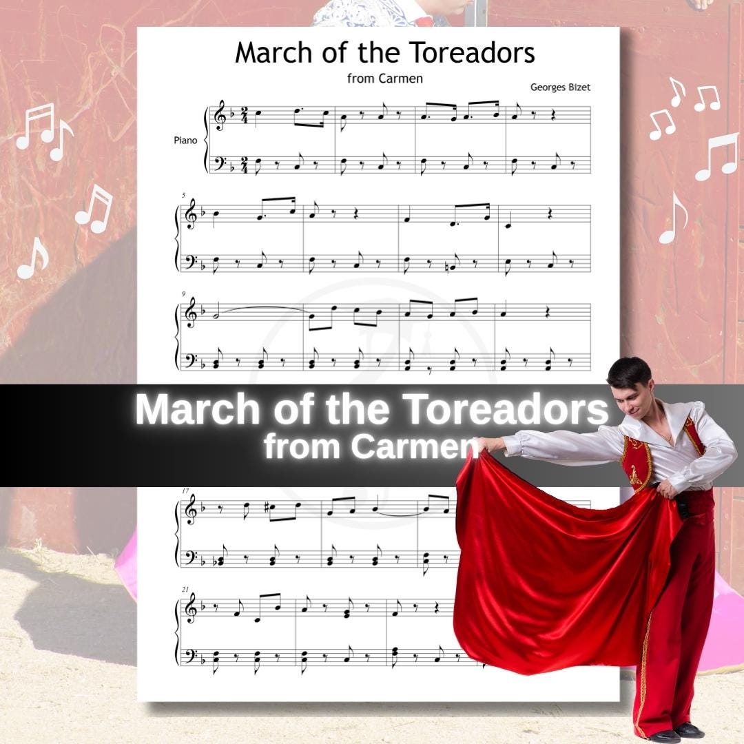 March of the Toreadors by Georges Bizet downloadable and simplified piano sheet music PDF shown in a Grade 3–4 layout with finger numbers, color-coded notes, note-name versions, and manuscript-based engraving, designed as an educational classical solo with MP3 and video support.