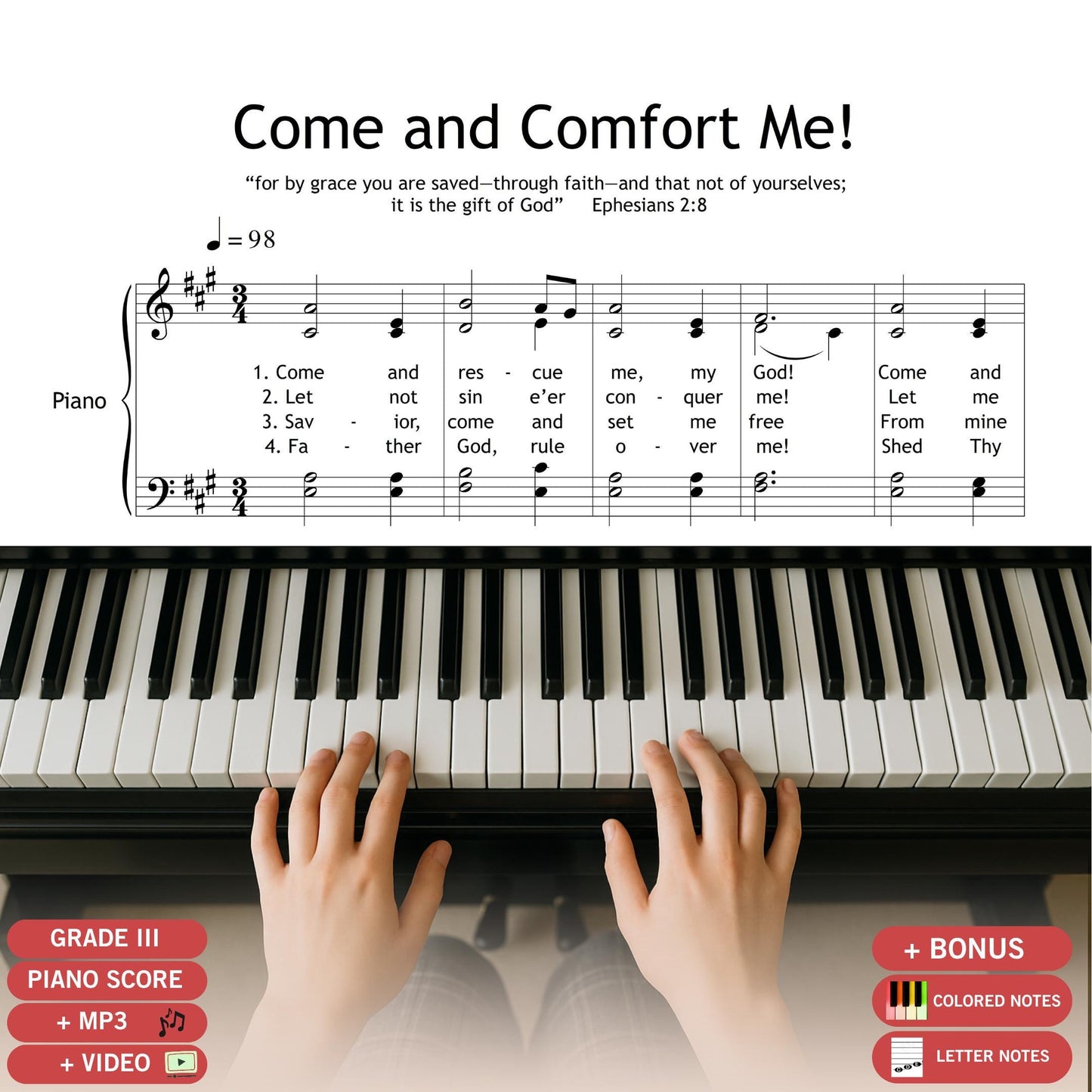 Come and Comfort Me, downloadable SATB choir and piano sheet music PDF with lyrics. This sacred choral piece is ideal for worship services, funerals, or moments of reflection. Includes soprano, alto, tenor, and bass parts with piano accompaniment. Printable high-resolution score for church musicians and choir leaders. Perfect for performance, rehearsal, or spiritual concerts.