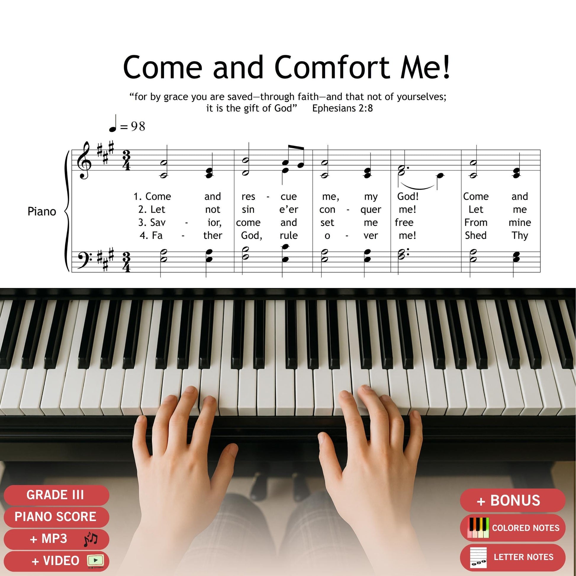 Come and Comfort Me, downloadable SATB choir and piano sheet music PDF with lyrics. This sacred choral piece is ideal for worship services, funerals, or moments of reflection. Includes soprano, alto, tenor, and bass parts with piano accompaniment. Printable high-resolution score for church musicians and choir leaders. Perfect for performance, rehearsal, or spiritual concerts.