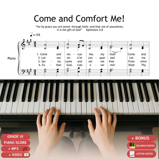 Come and Comfort Me, downloadable SATB choir and piano sheet music PDF with lyrics. This sacred choral piece is ideal for worship services, funerals, or moments of reflection. Includes soprano, alto, tenor, and bass parts with piano accompaniment. Printable high-resolution score for church musicians and choir leaders. Perfect for performance, rehearsal, or spiritual concerts.