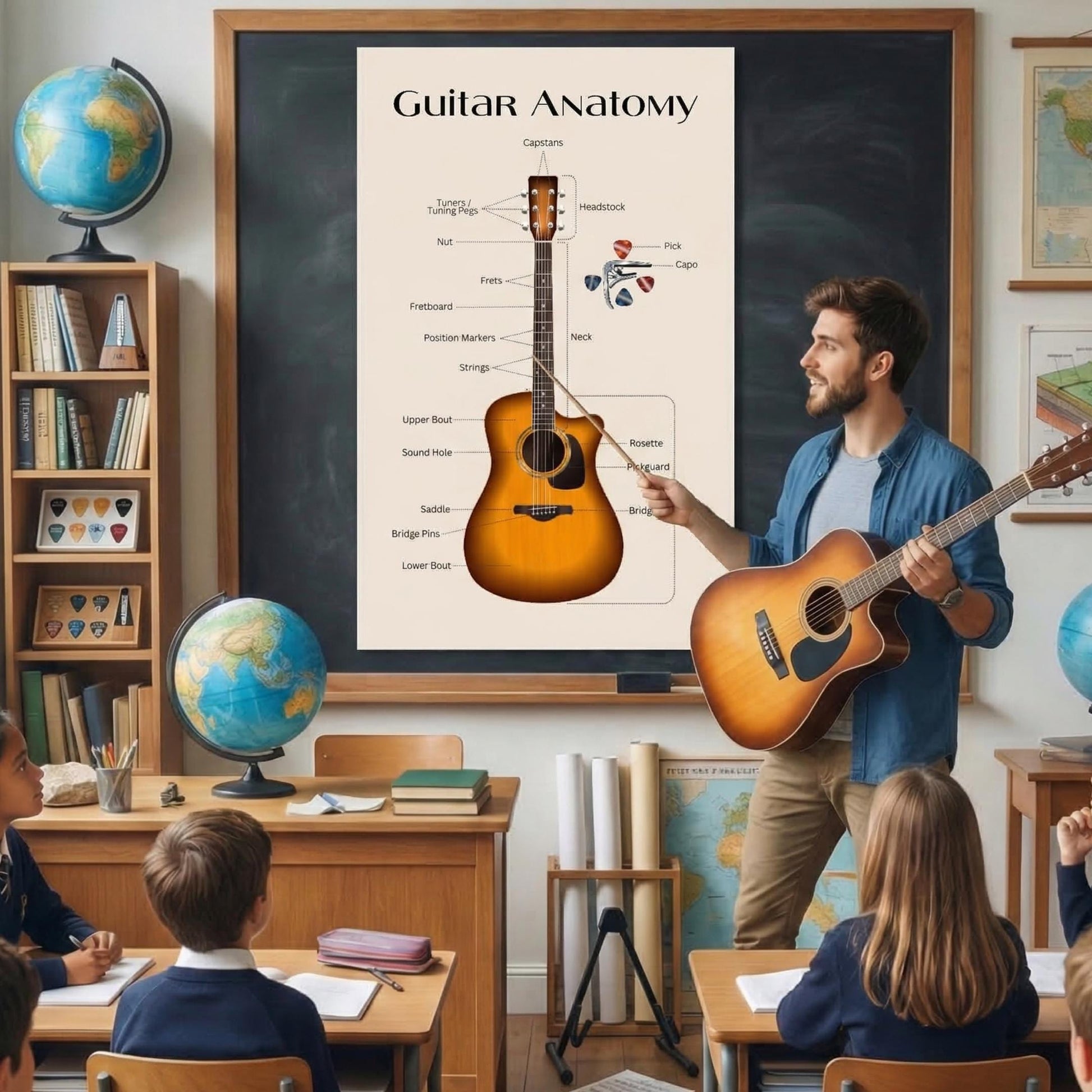 Printable acoustic guitar parts chart displaying full instrument structure with detailed labeling, created for teachers, students, and homeschool music education