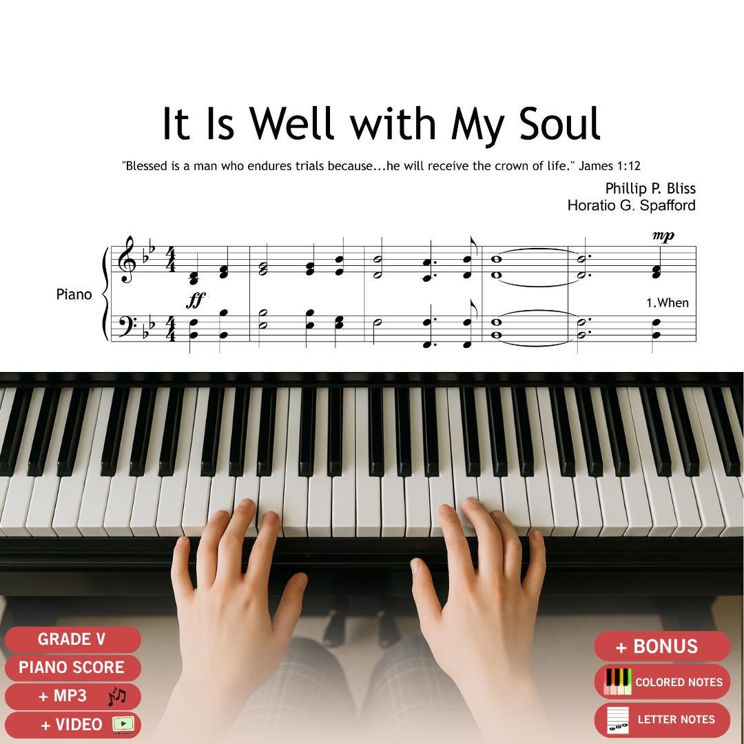 Downloadable SATB sheet music of It Is Well with My Soul with full piano accompaniment.
Printable PDF features clear vocal parts and hymn lyrics, ideal for worship teams and sacred concerts.