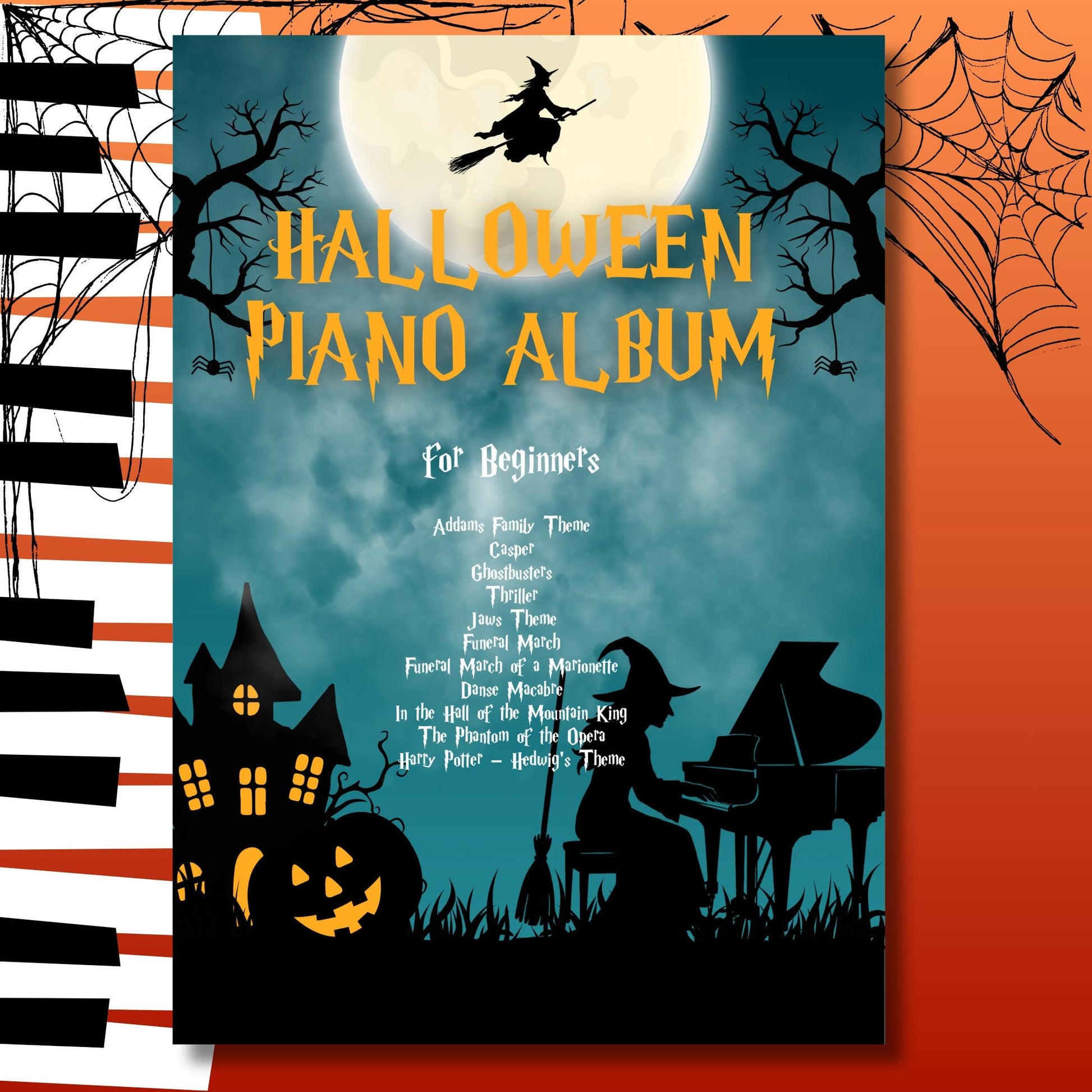 Halloween Piano Bundle Grade 1–2 easy piano sheet music PDF with Casper, Addams Family Theme, Ghostbusters, Thriller, Jaws Theme, Chopin’s Funeral March, Gounod’s Funeral March of a Marionette, Saint-Saëns Danse Macabre, Grieg In the Hall of the Mountain King, Phantom of the Opera, and Harry Potter Hedwig’s Theme, includes note names, color notes, MP3, and MP4 tutorials.