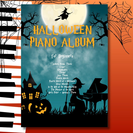 Halloween Piano Bundle Grade 1–2 easy piano sheet music PDF with Casper, Addams Family Theme, Ghostbusters, Thriller, Jaws Theme, Chopin’s Funeral March, Gounod’s Funeral March of a Marionette, Saint-Saëns Danse Macabre, Grieg In the Hall of the Mountain King, Phantom of the Opera, and Harry Potter Hedwig’s Theme, includes note names, color notes, MP3, and MP4 tutorials.