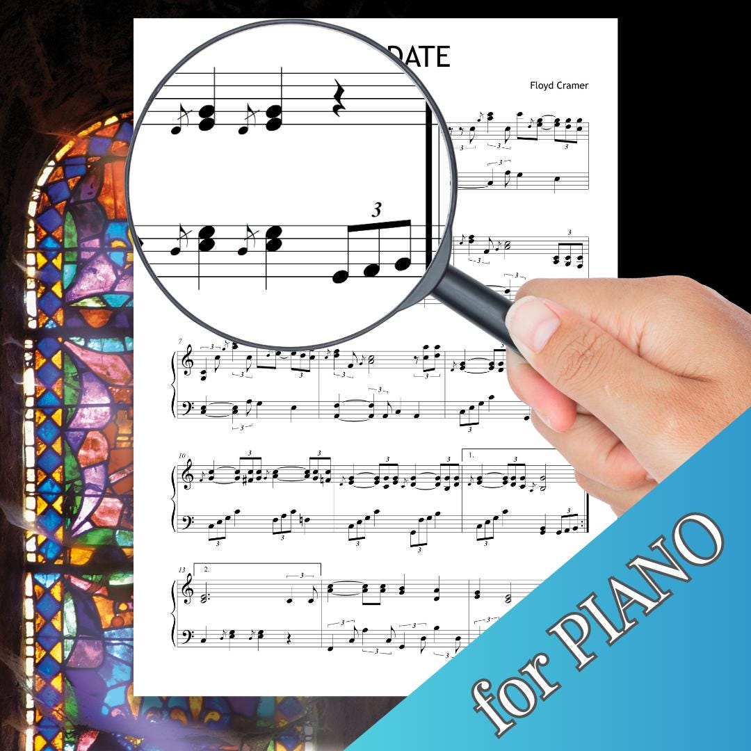 Last Date by Floyd Cramer downloadable and simplified piano sheet music PDF presented as a C-major intermediate arrangement featuring finger-number guidance, color-coded notation, and note-name support, aligned with manuscript accuracy for expressive country-piano practice.