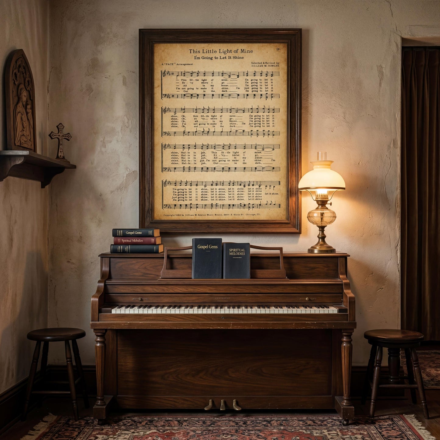 a wooden upright piano with a framed sheet music display above it, a lamp on the piano, and a stack of books on the piano bench.