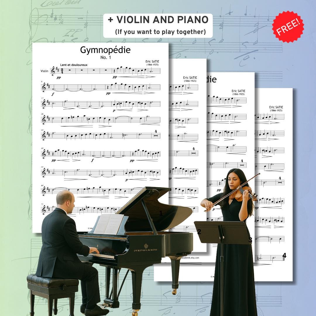 Gymnopédie No. 1 by Erik Satie, Intermediate Piano Sheet Music PDF (Grade 4–5) 4 Versions + MP3, Video, Violin, Flute, Clarinet, Saxophone, All notes in this edition are faithfully transcribed from the composer’s autograph manuscript of Gymnopédie No.1.