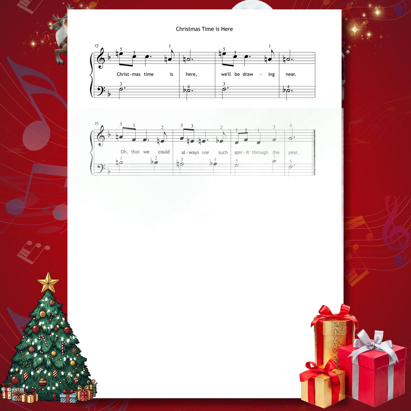 Christmas Time Is Here by Vince Guaraldi downloadable and simplified piano sheet music PDF offers an easy Christmas digital download for students seeking Christmas gifts 2025-style printables, including lyrics, finger numbers, note names and color-supported notation for smooth progression.