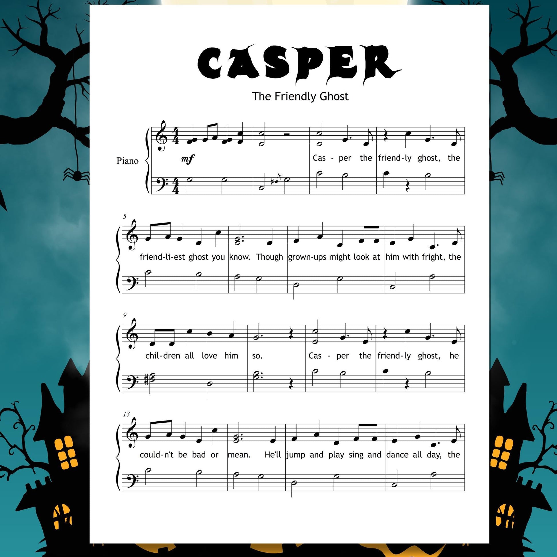 Halloween Piano Bundle digital sheet music pack Grade 1–2, simplified beginner PDF with note names and color-coded versions of Casper, Addams Family Theme, Ghostbusters, Thriller, Jaws Theme, Funeral March, Funeral March of a Marionette, Danse Macabre, In the Hall of the Mountain King, The Phantom of the Opera, and Harry Potter Hedwig’s Theme, plus MP3 and MP4.