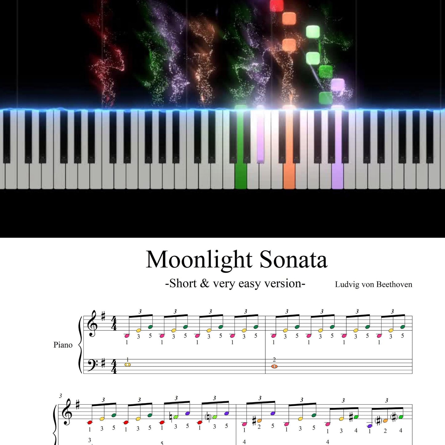 Moonlight Sonata by Beethoven easy Grade 1 piano sheet music, beginner short version printable PDF with added finger numbers and note names, bonus color-coded layout for visual learners, MP3 demo audio, and video tutorial for guided practice.