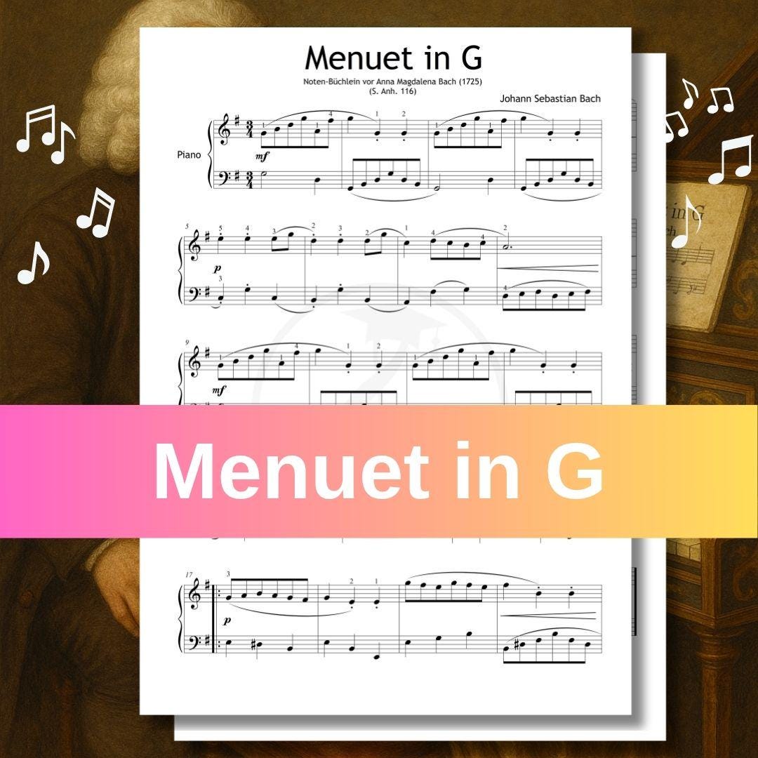 Menuet in G Major by Johann Sebastian Bach – downloadable and simplified piano sheet music PDF from the Anna Magdalena Notebook. This high-quality digital edition includes multiple beginner-friendly formats and is perfect for structured piano pedagogy used by educators and conservatories.
