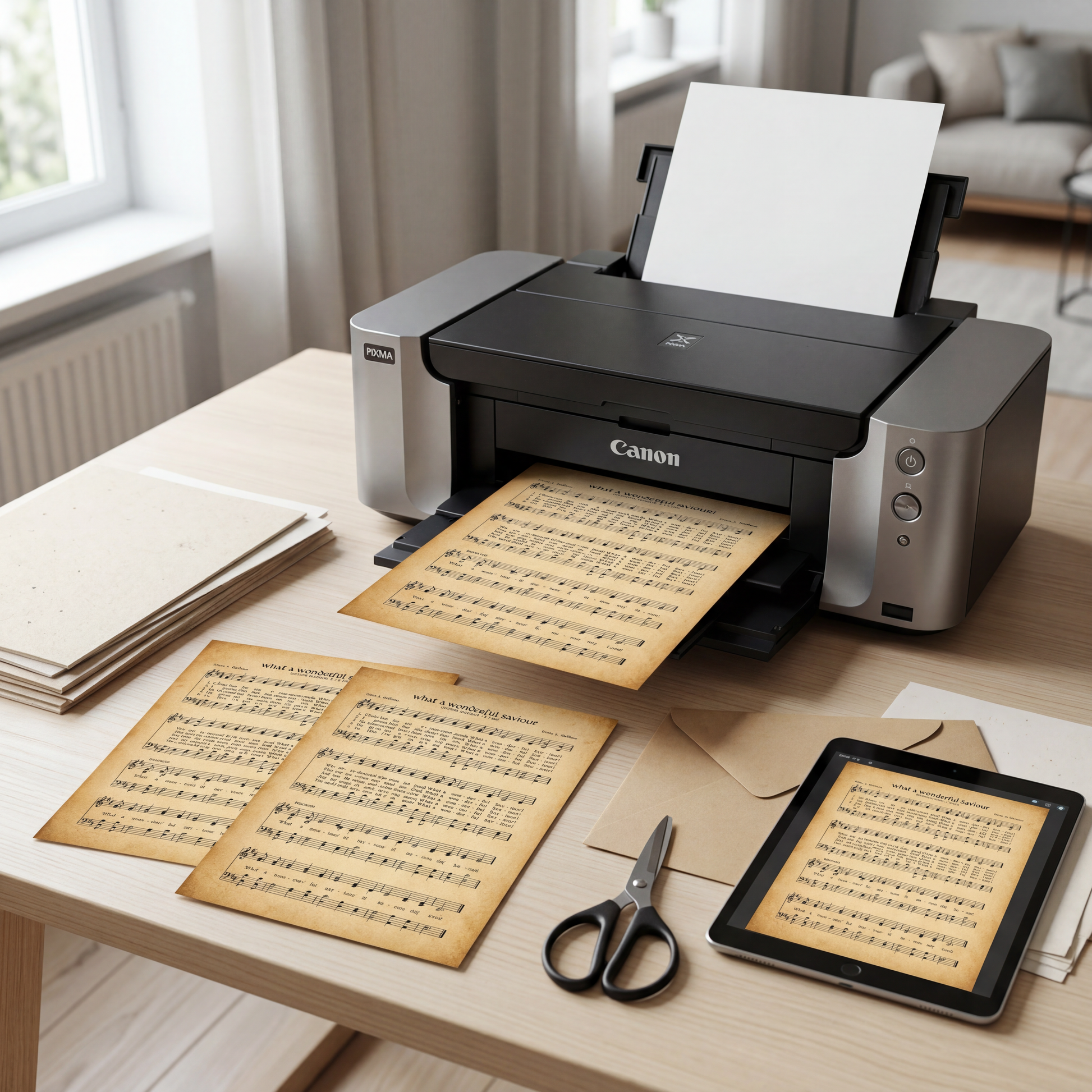 A Canon printer is shown on a wooden desk, with several sheets of music printed on paper and a tablet displaying sheet music.
