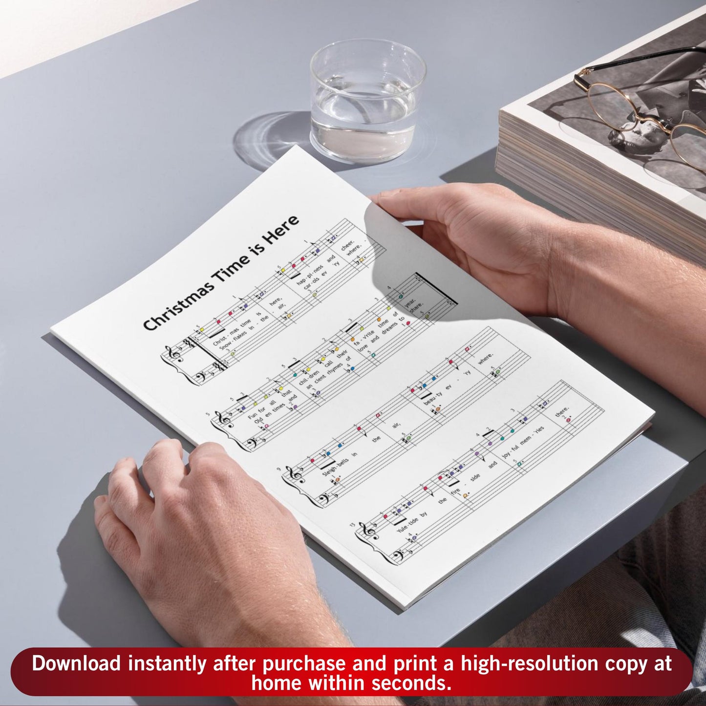 Christmas Time Is Here by Vince Guaraldi downloadable and simplified piano sheet music PDF created for festive classroom teaching matches Christmas gifts 2025 eco-friendly printable needs with lyrics, finger numbers, note names and color-coded notation perfect for structured group lessons.