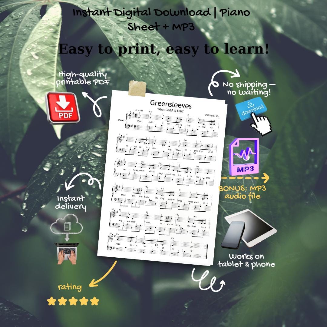 Greensleeves – What Child Is This? music learning bundle includes simplified sheet music, a reference MP3, and a visual learning video. Students can listen, watch, and play along with professional guidance. Ideal for blended learning and remote music lessons.