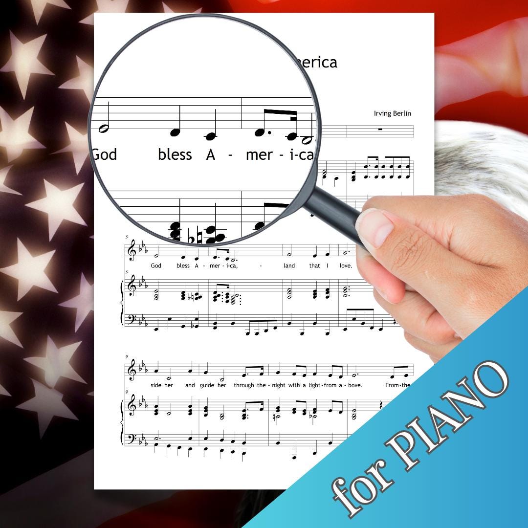 God Bless America sheet music by Irving Berlin downloadable piano and voice PDF, performance-ready intermediate to advanced level edition including vocal line and piano accompaniment, optional piano-only score, and bonus MP3 demo, designed for patriotic concerts, school ceremonies, or professional recitals.