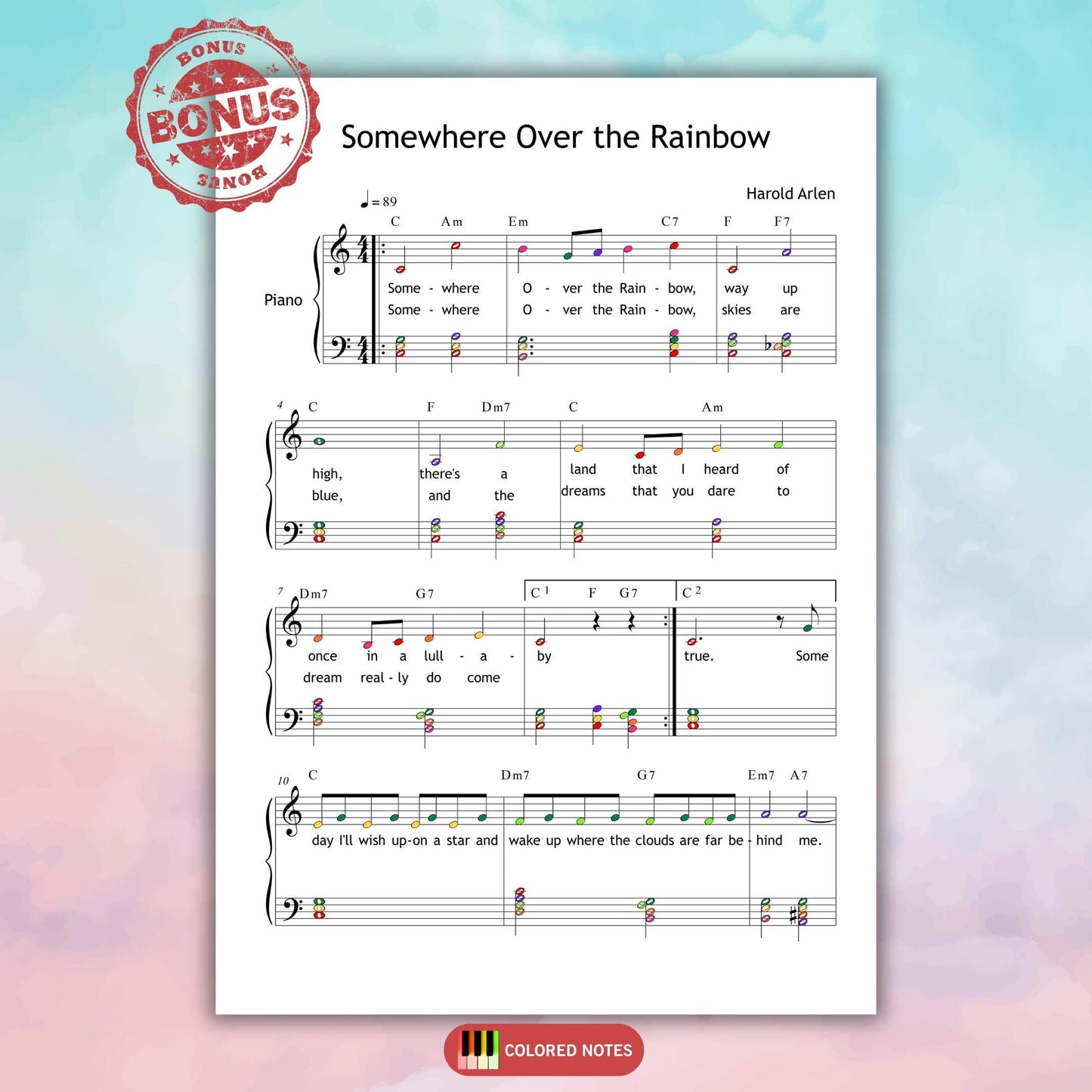 Printable PDF of Somewhere Over the Rainbow, simplified for Grade 3 piano with full lyrics. This classic song from The Wizard of Oz is arranged for sing-along and performance use. Ideal for music teachers, young pianists, and film music lovers.