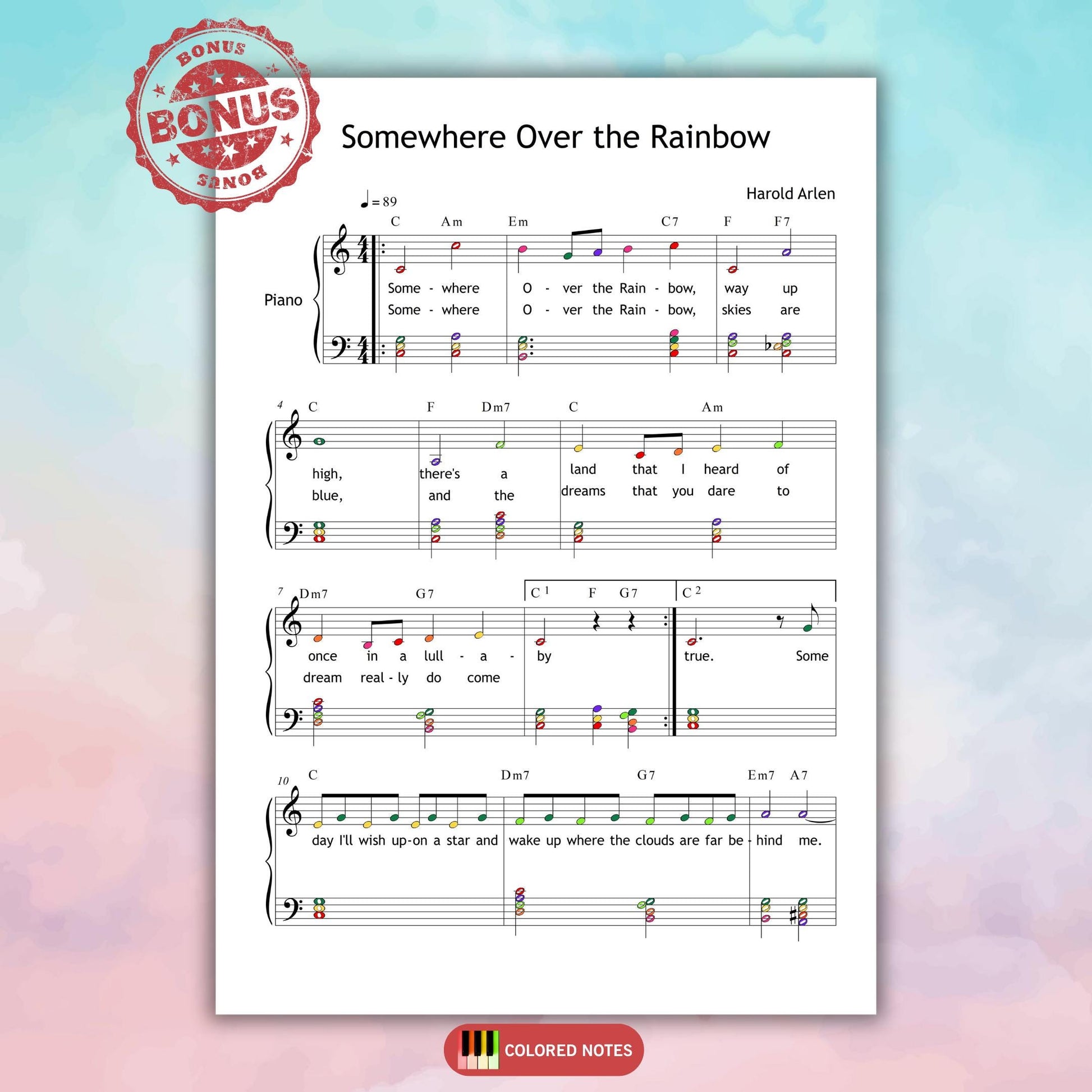 Printable PDF of Somewhere Over the Rainbow, simplified for Grade 3 piano with full lyrics. This classic song from The Wizard of Oz is arranged for sing-along and performance use. Ideal for music teachers, young pianists, and film music lovers.