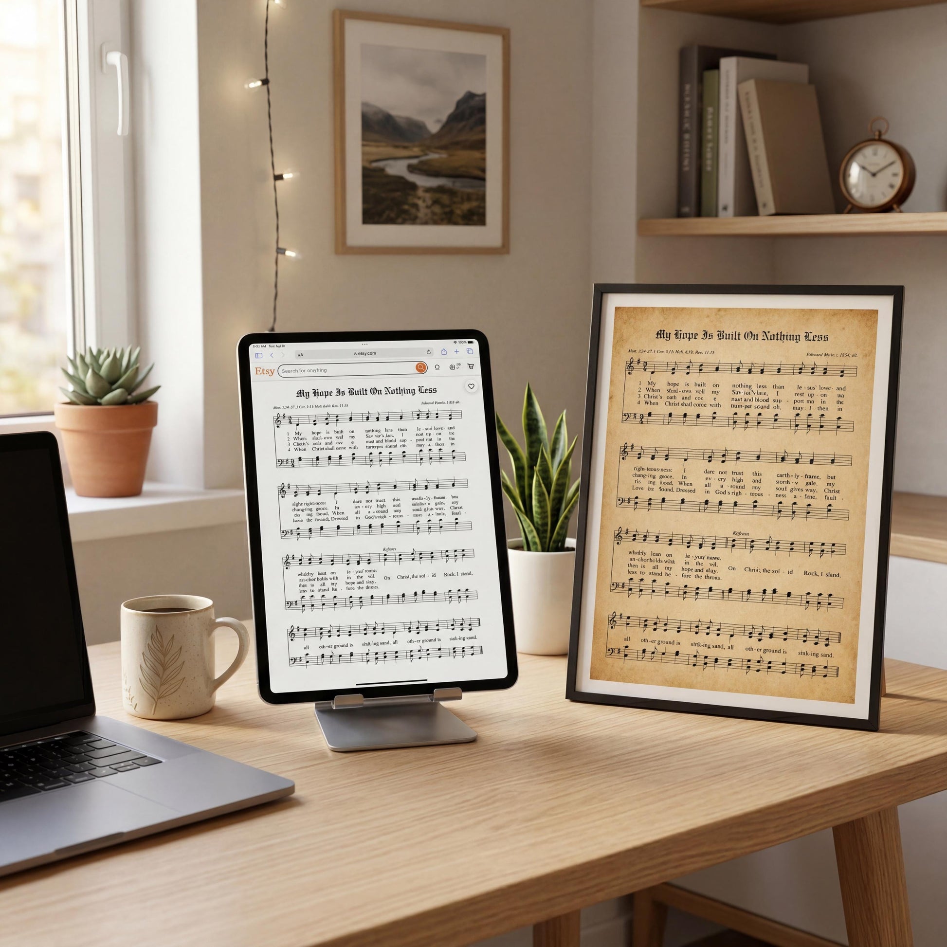 a wooden desk with a laptop, a framed sheet of music, a coffee cup, and a potted plant.