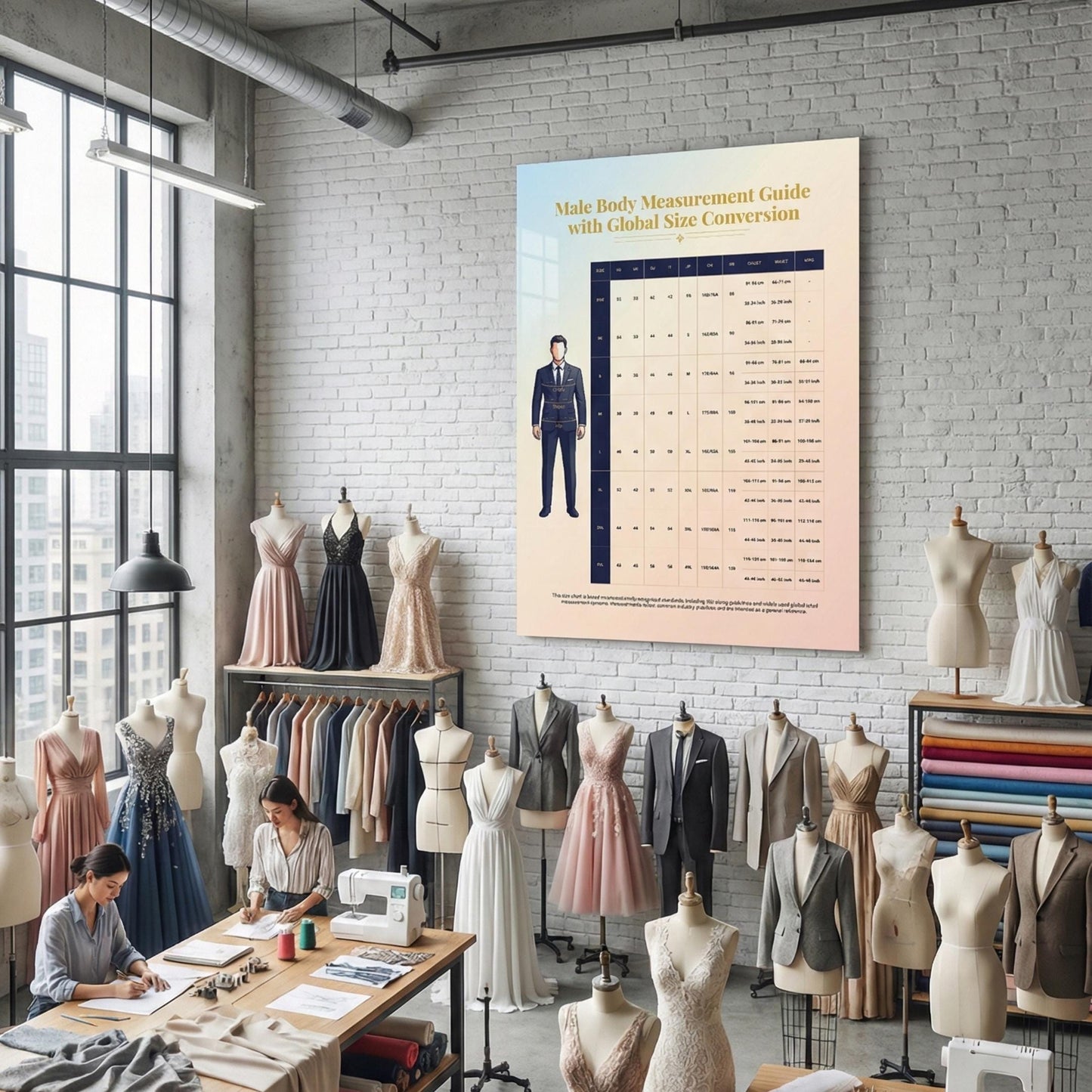 Male Body Measurement Chart – Global Clothing Size Conversion Guide shown as a digital-friendly sizing chart optimized for A4 and US Letter printing, suitable for fashion education, tailoring, and online retail use.