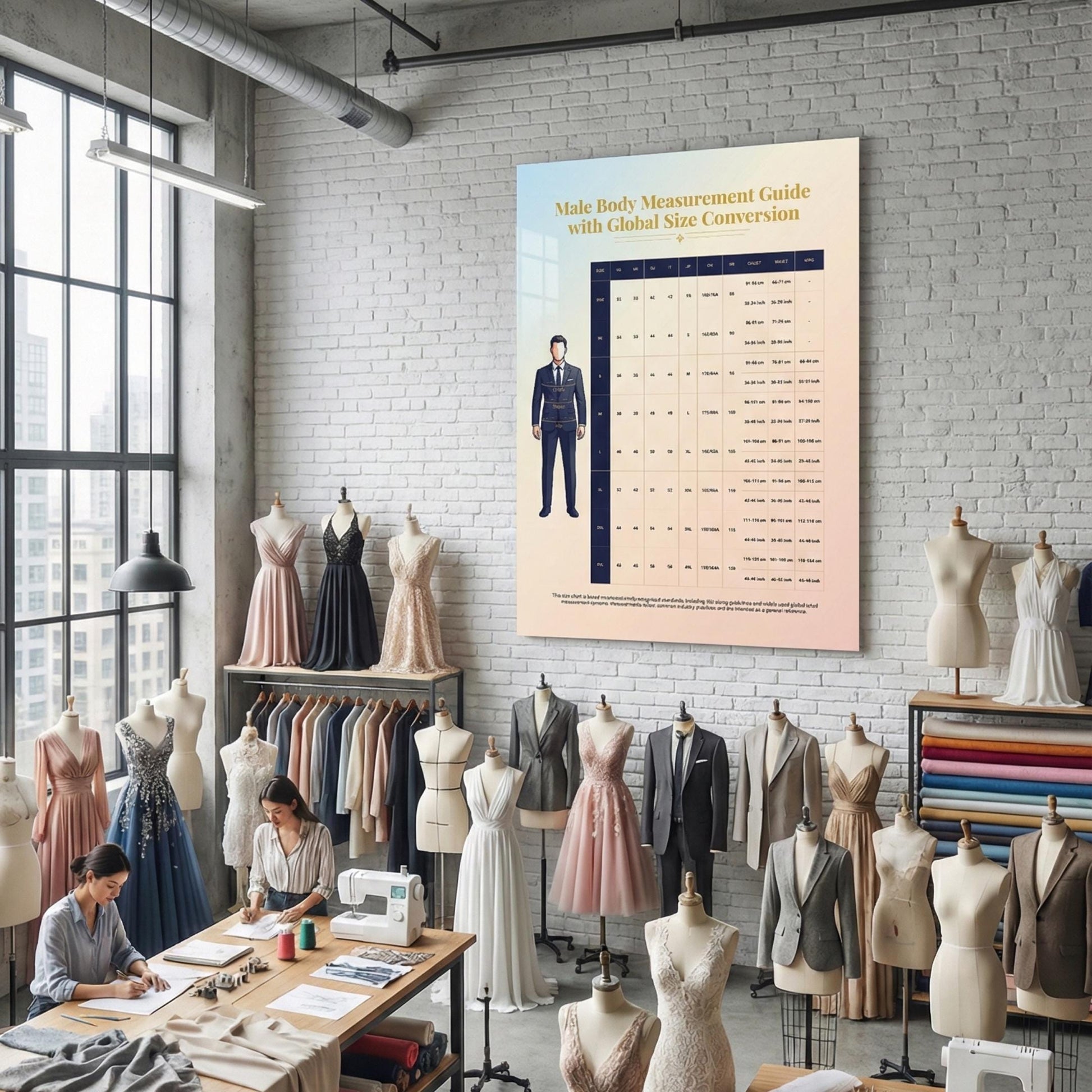 Male Body Measurement Chart – Global Clothing Size Conversion Guide shown as a digital-friendly sizing chart optimized for A4 and US Letter printing, suitable for fashion education, tailoring, and online retail use.